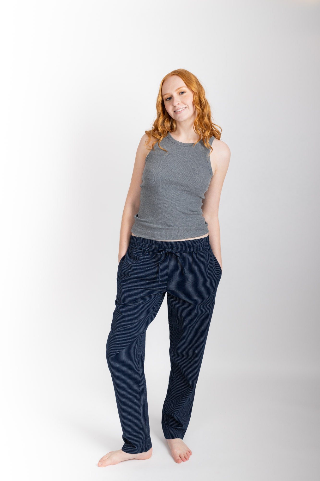 Women’s pyjama pant.  Made from 100% organic cotton, in Navy.  These pants feature an elasticated waistband with a drawstring for comfort.
